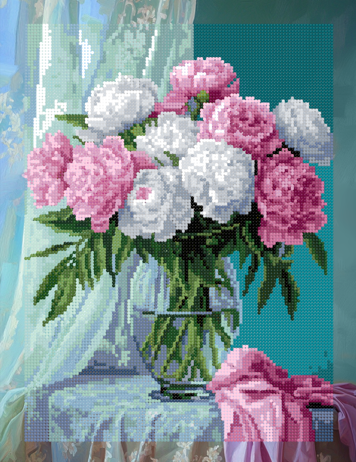 Deimantų tapyba su porėmiu "Bijūnų puokštė" 40x50 cm DP424