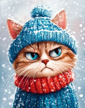 Deimantų tapyba su porėmiu "Grumpy Winter Cat" 40x50 cm DP425