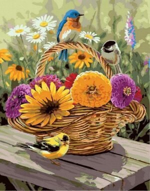 Paukščių ir gėlių krepšelis