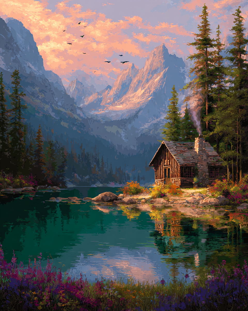 Deimantinė tapyba su porėmiu "Namai prie ežero" 40x50 cm DP434