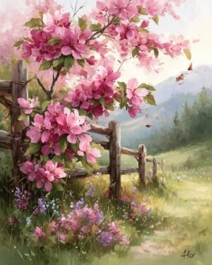 Deimantų mozaika su porėmiu „Žydinti tvora“ 40x50 cm DP439