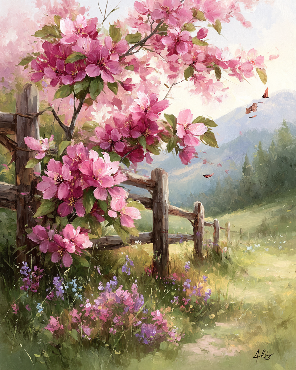 Deimantų mozaika su porėmiu „Žydinti tvora“ 40x50 cm DP439