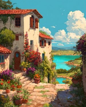 Deimantinis paveikslas su porėmiu "Ežero vila" 40x50 cm DP441