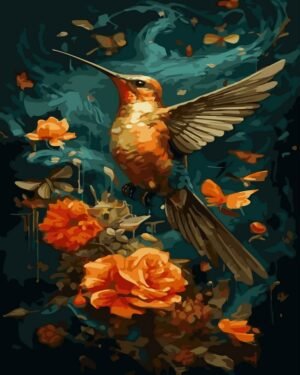 Kolibris ir oranžinės rožės