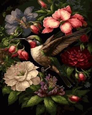 Kolibris tarp žiedų